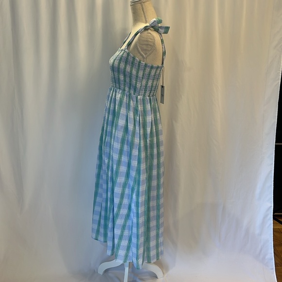 NWT THML Check Smocked Midi Dress size medium lt blue and green - Picture 9 of 15